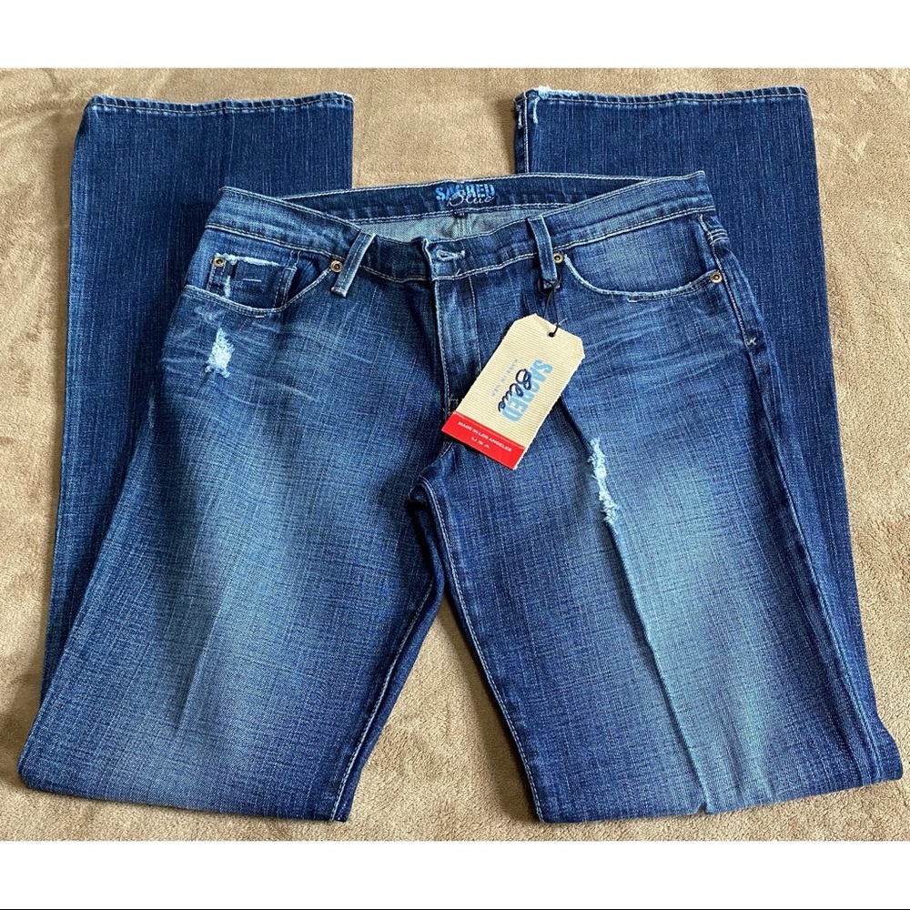SACRED BLUE Women's Denim Dark Blue Low Rise Slight Flare Jeans Whiskered NWT